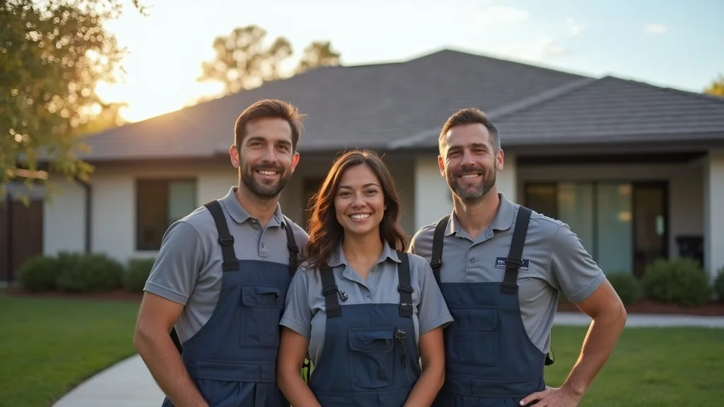 Trusted Houston roofing team standing proudly after new roof installation, best roofing company Houston professionalism