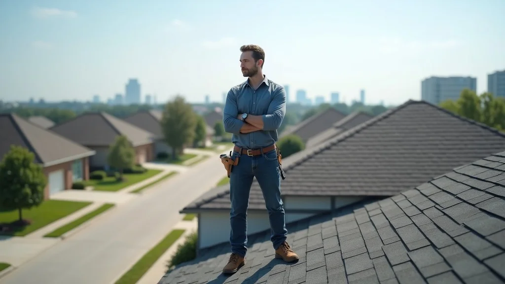 Professional Houston roofing contractor inspecting residential roof in sunny modern neighborhood, best roofing company Houston