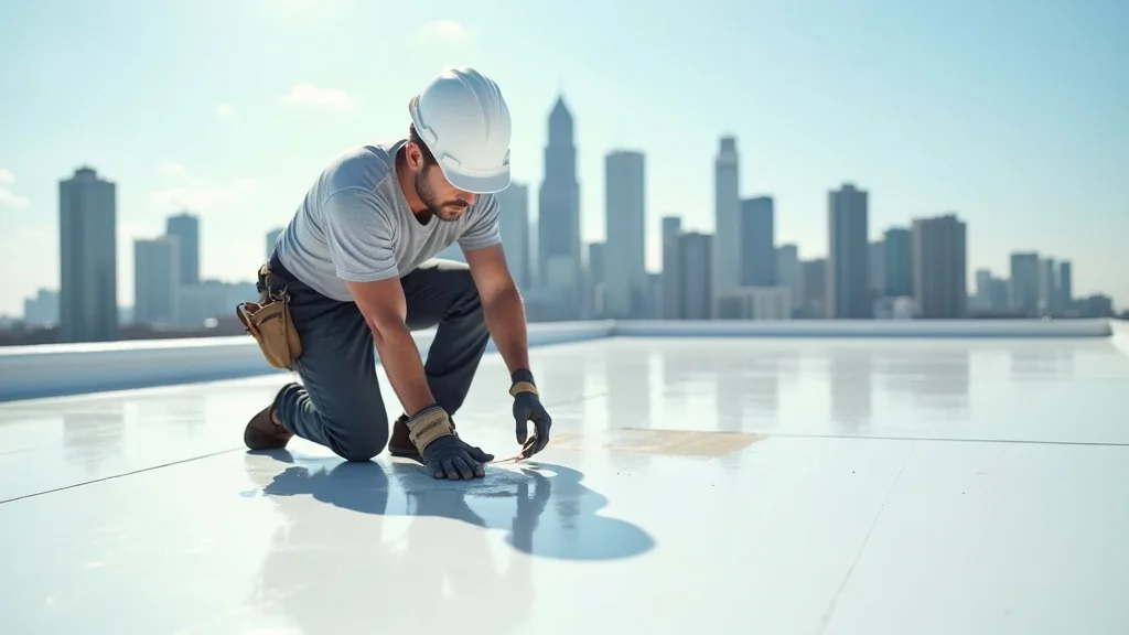 energy efficient roof Houston - Roofer inspecting a reflective roof with Houston skyline