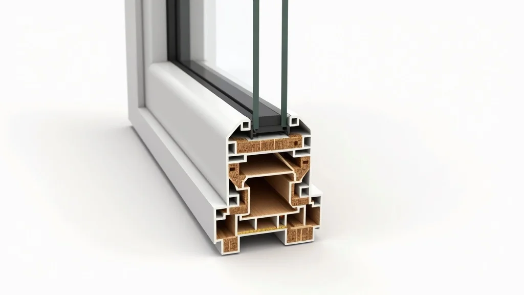 Detailed cross-section of Fibrex window material, showing wood fibers and polymers, composite material analytical structure