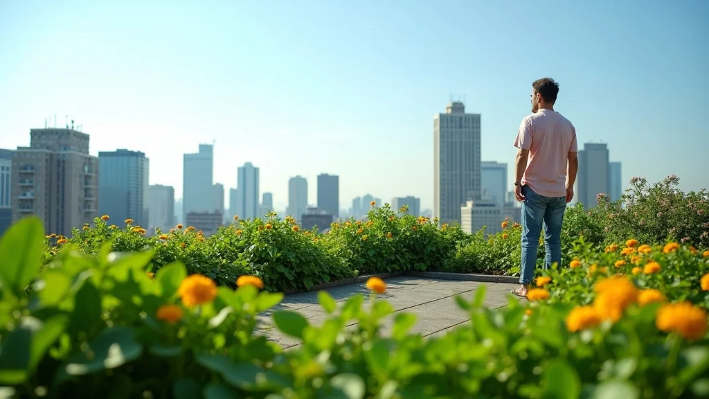 Lush vibrant green roof with rooftop garden in Houston urban home setting