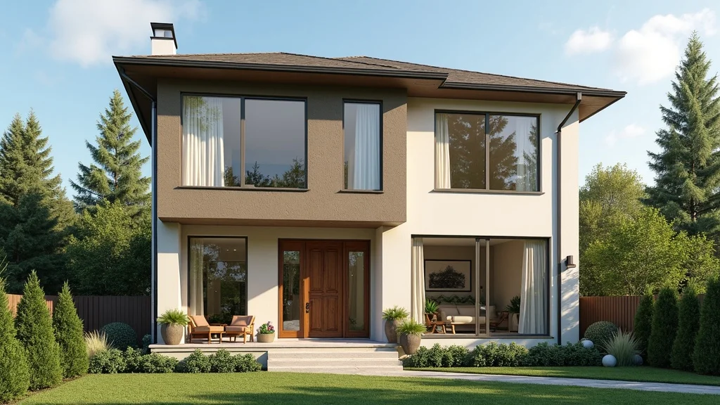 Modern home facade with Fibrex windows in various styles, fibrex window frames in a landscaped suburban yard, homeowners admiring from outside