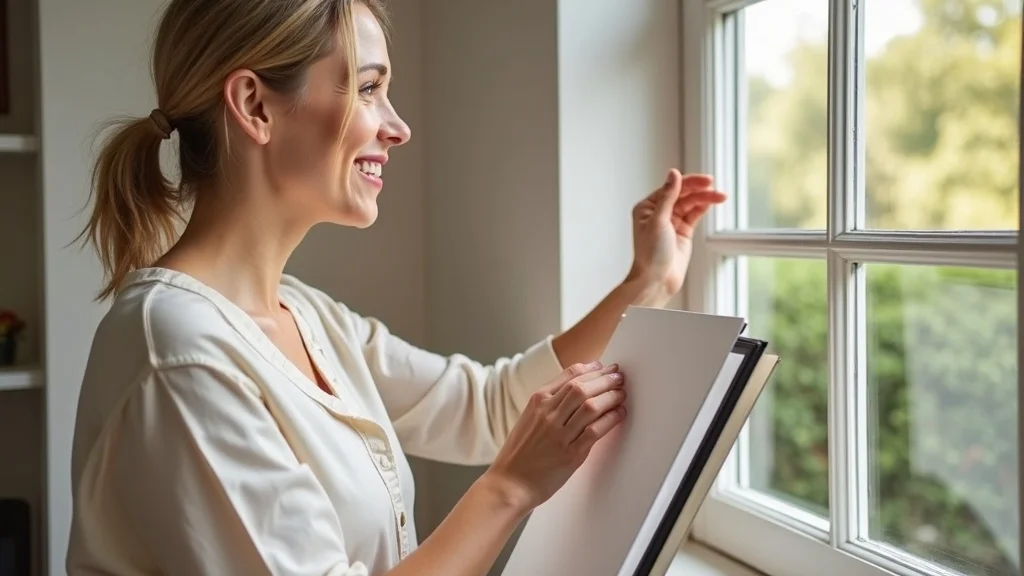 Homeowner comparing vinyl and Fibrex window frame samples by the window, evaluating fibrex window frames as alternative to vinyl