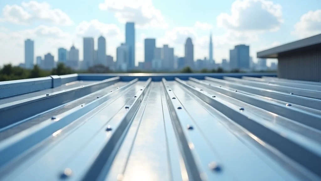 Sleek durable metal roof installation in Houston with urban skyline backdrop