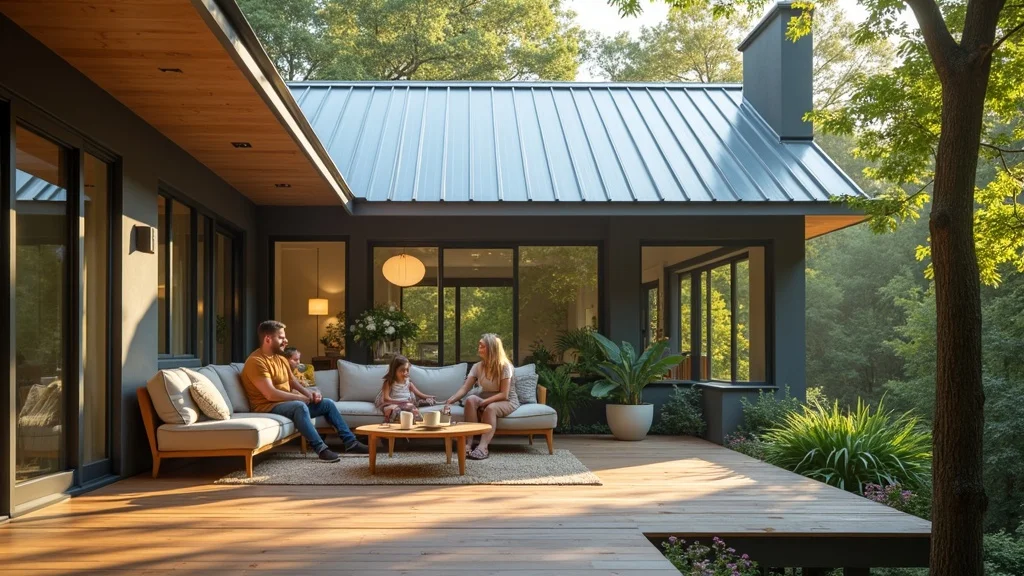 Modern Houston home with energy-efficient metal roof and family enjoying comfort indoors.