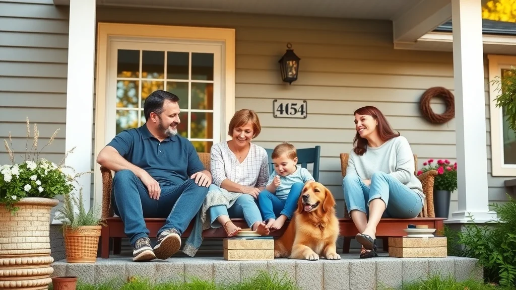 Happy family relaxing on porch, new siding improving curb appeal and home value, sunlight and greenery enhancing the home's charm