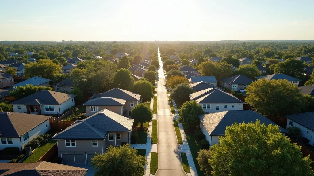 Modern Houston neighborhood aerial view with clean residential rooftops and bright sunlight, illustrating diverse roof ventilation systems in Houston neighborhoods.