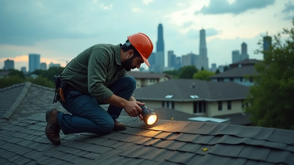 Houston roofing inspector kneeling on shingles examining roof for storm damage with flashlight
