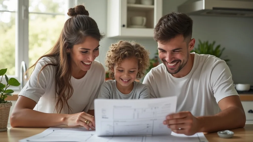 Happy Houston family reviewing roofing estimate papers in bright kitchen