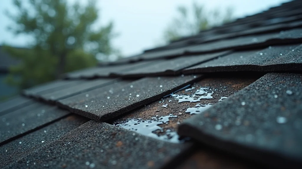 Close-up view of hail-damaged shingles on Houston home after storm