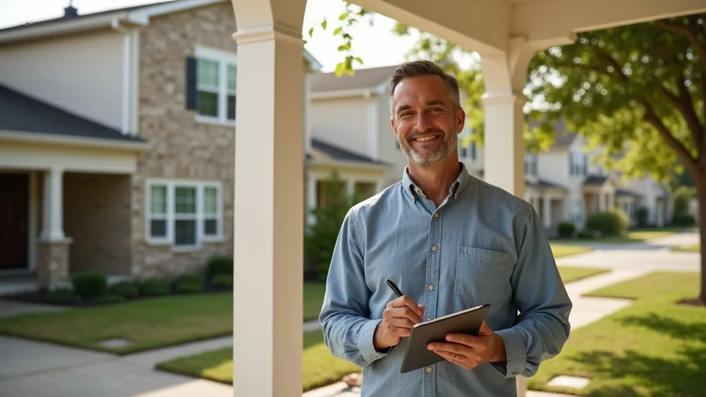 Houston homeowner preparing for a free roof estimate holding notepad on porch in suburban neighborhood